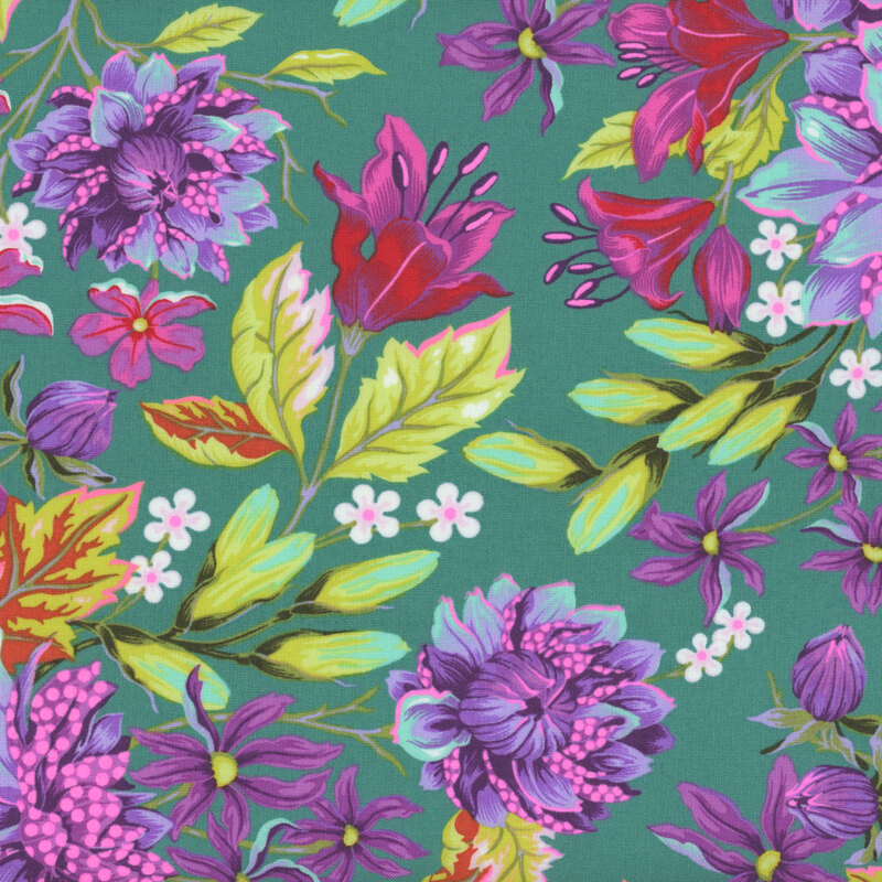 A vibrant floral pattern featuring large purple and pink flowers, interspersed with green leaves and smaller blossoms on a teal background.