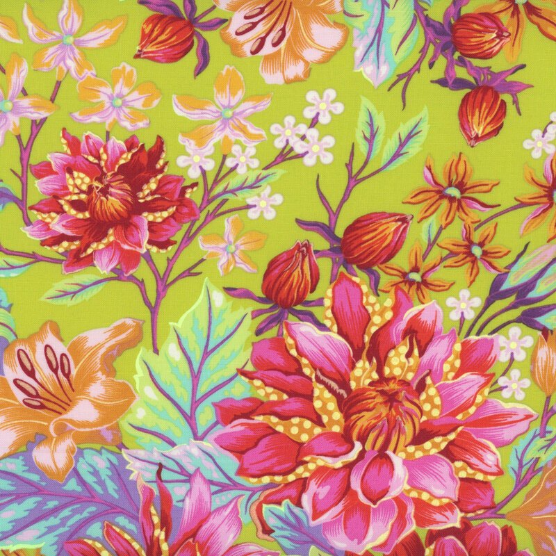 A vibrant floral pattern featuring large pink and orange flowers, surrounded by smaller blooms and green leaves, set against a bright yellow background.