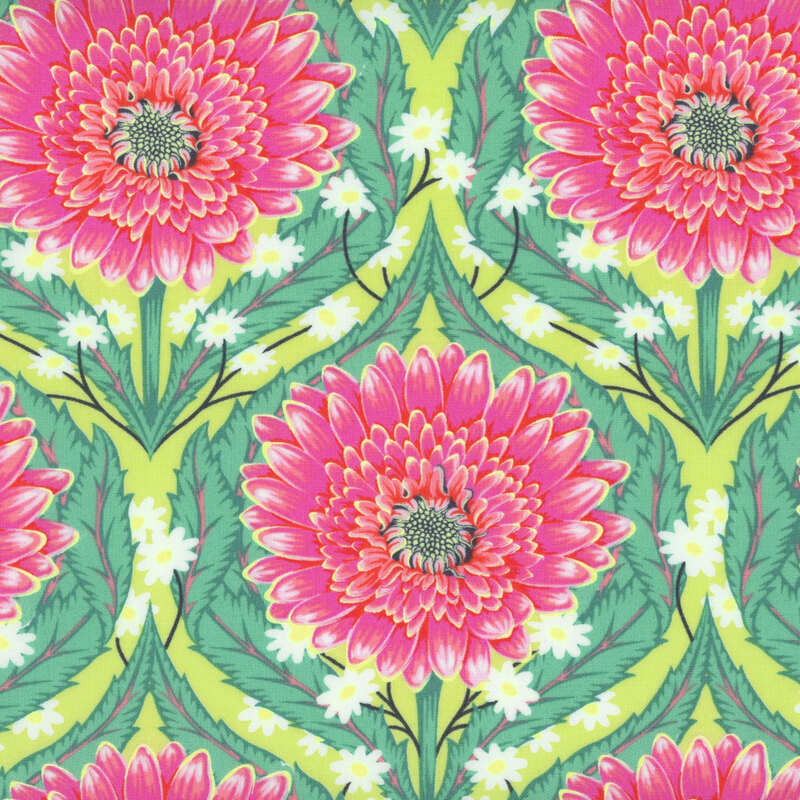 A repeating pattern featuring large pink flowers with green leaves on a light teal background, interspersed with small white daisies.