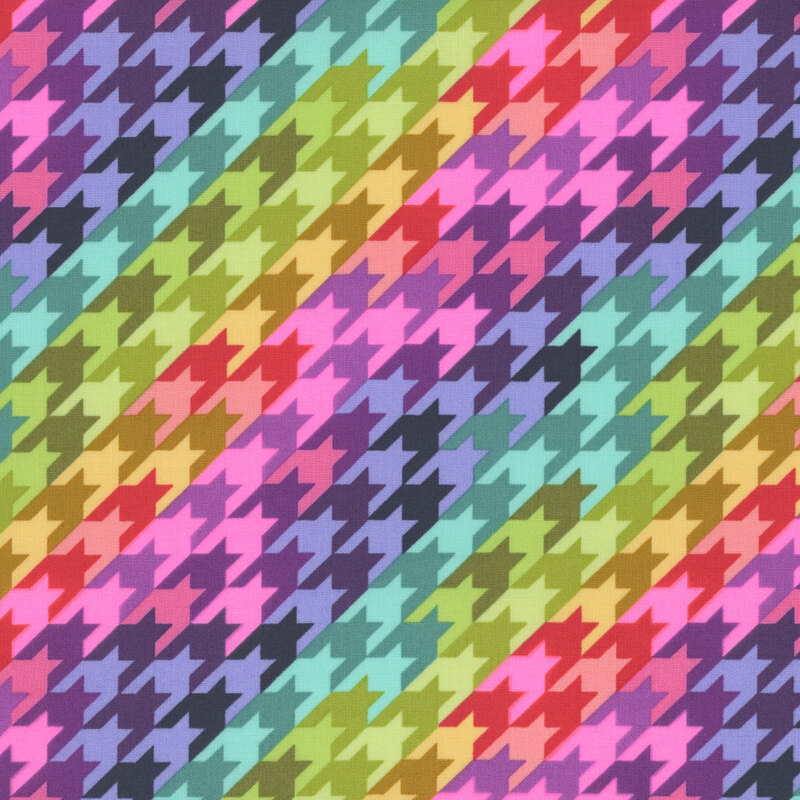 A colorful pattern featuring a houndstooth design with alternating shades of pink, purple, yellow, green, and red, arranged diagonally.