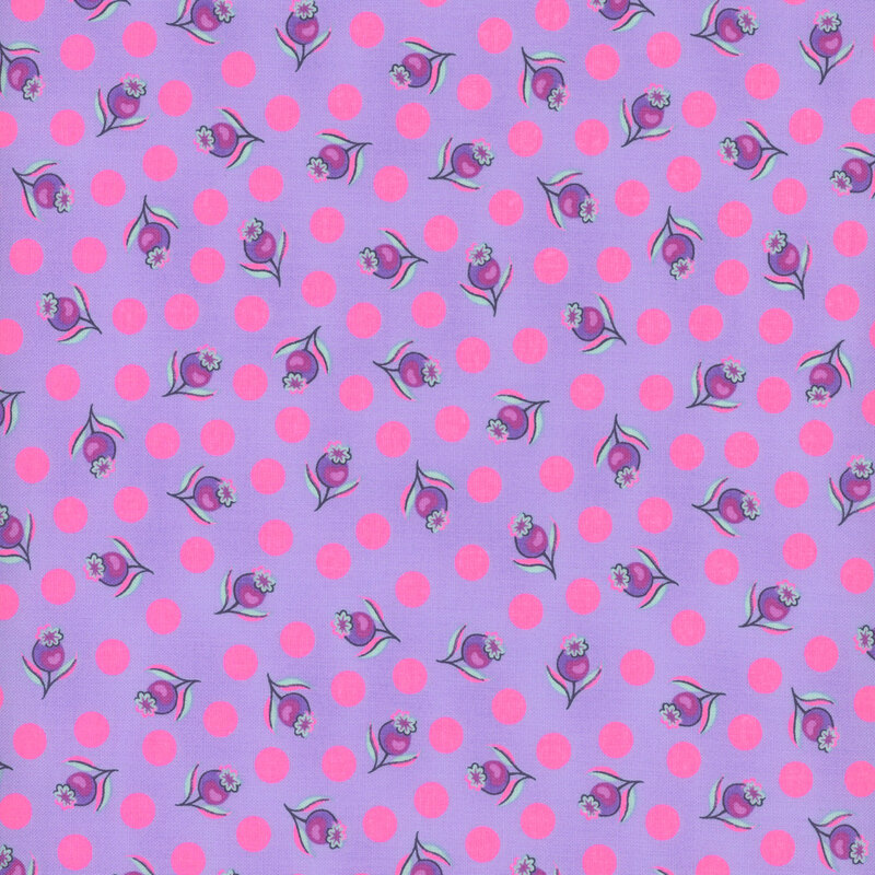 A repeating pattern of small, stylized flowers and dots on a light purple background, with the flowers in shades of blue and pink.