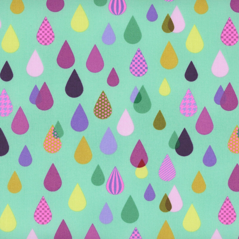 A repeating pattern of multicolored teardrop shapes in various shades, including pink, purple, green, and yellow, set against a light mint green background. Some teardrops feature a textured design resembling pineapples.