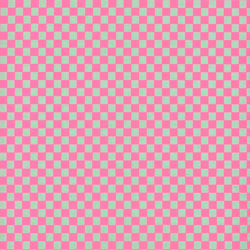 A geometric pattern featuring alternating squares of pink and light blue, creating a checkerboard effect throughout the entire image.