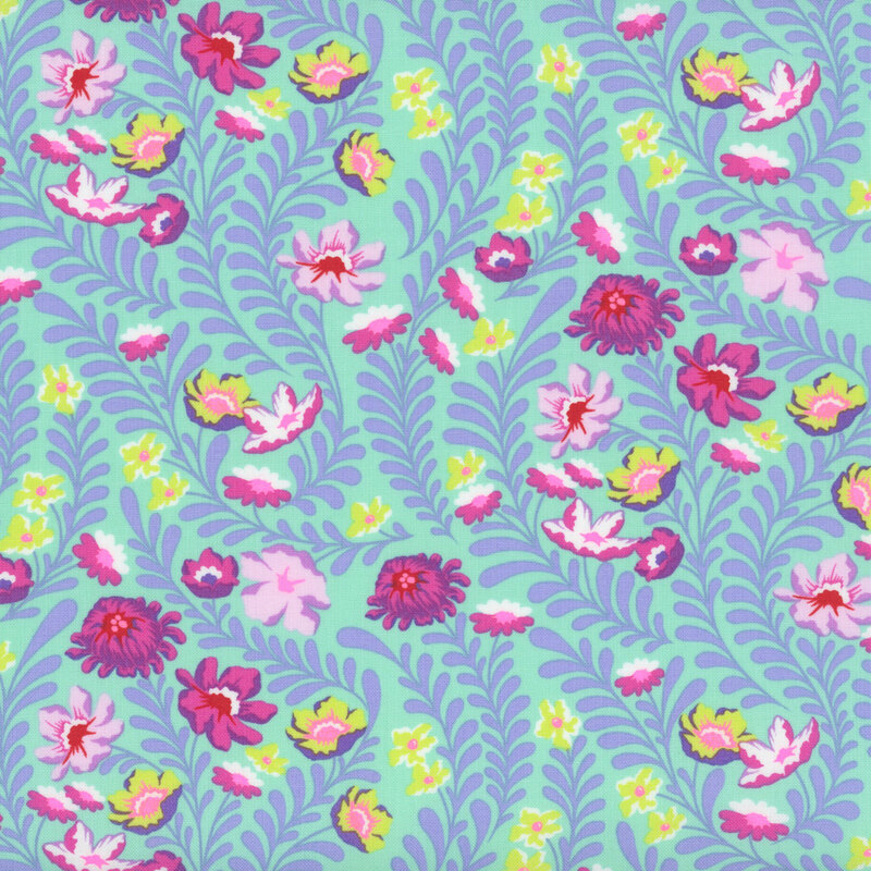 A repeating pattern featuring various flowers in shades of pink, purple, and yellow against a light blue background.