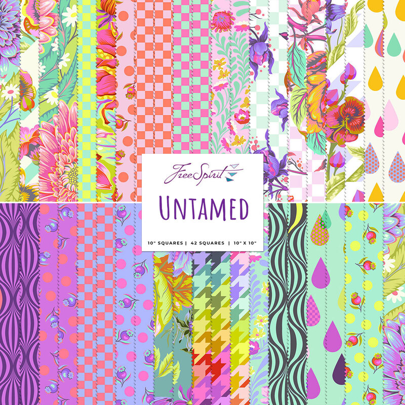 A stacked collage of vibrant purple, aqua, pink, and white quilting fabrics with various floral and geometric designs