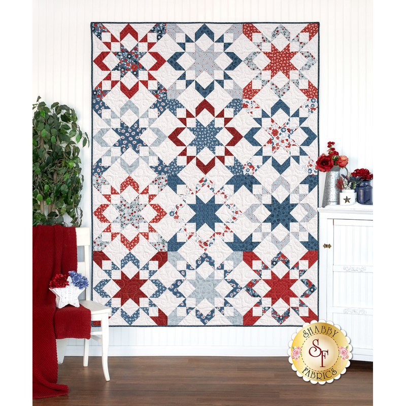 The completed Starly quilt in muted shades of red, white, light blue, and denim blue, hung on a white paneled wall and staged with coordinating furniture, decor, and foliage.