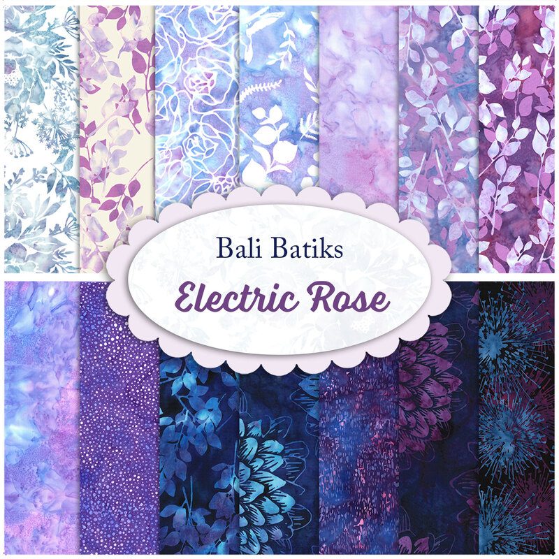 Collage of fabrics in the Bali Batiks Electric Rose collection featuring mottled purples, blues, and whites