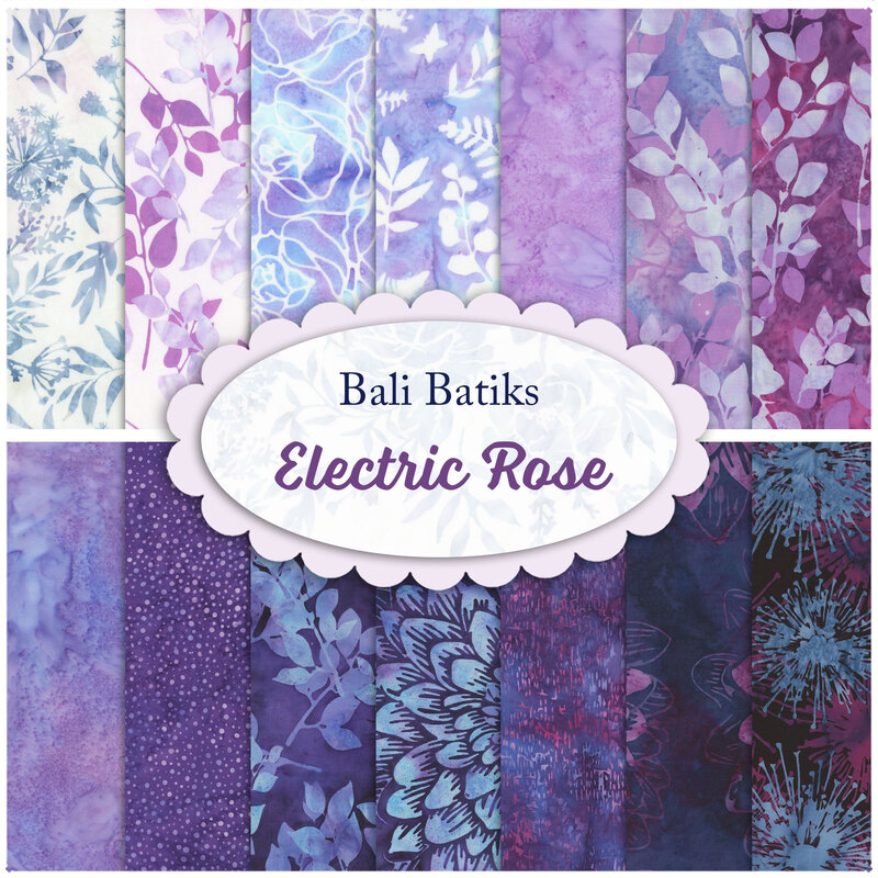 Collage of fabrics in the Bali Batiks Electric Rose collection featuring mottled batiks.