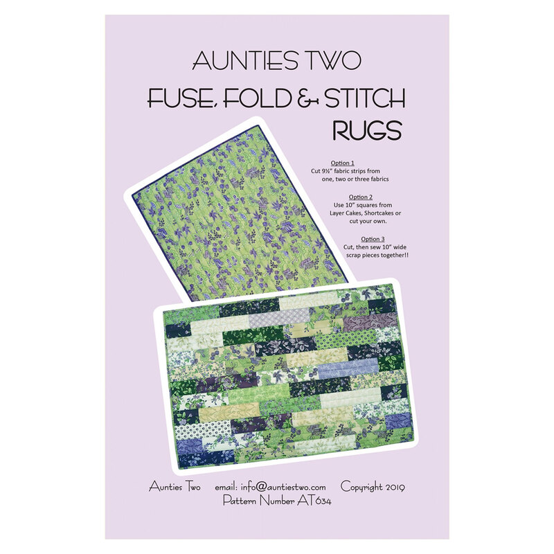 Front Cover of Fuse, Fold & Stitch Rugs pattern by Aunties Two Patterns featuring the two types of finished rugs displayed on a purple background
