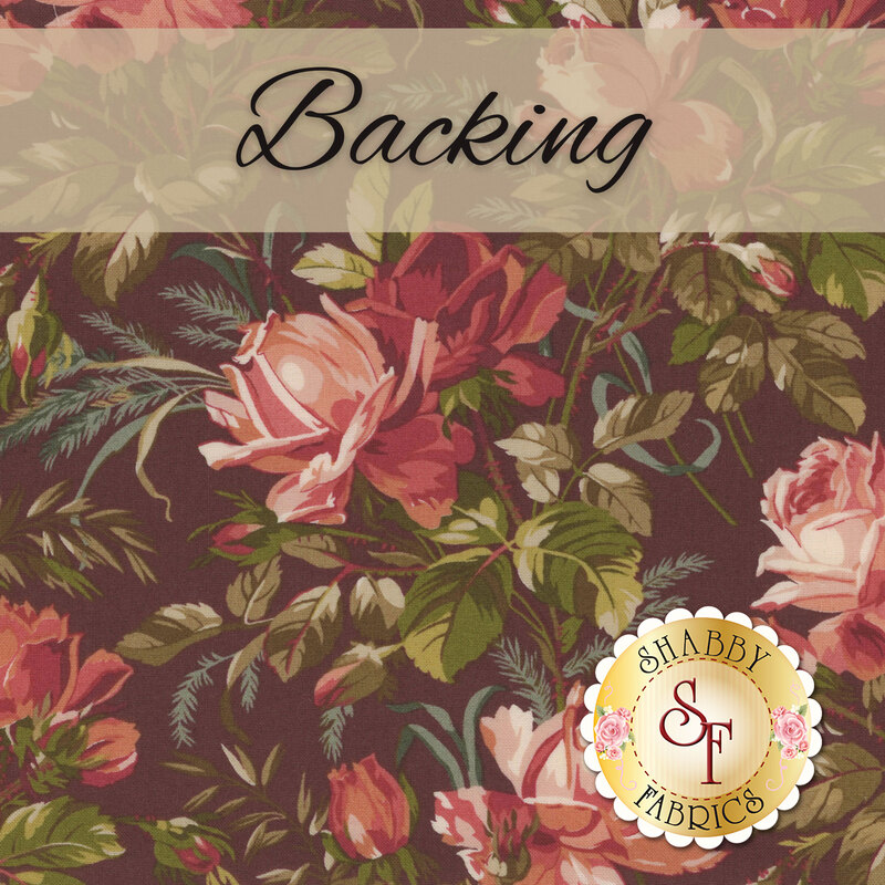 Swatch of a deep maroon fabric featuring large tossed shabby roses with leaves. A cream banner at the top reads Backing and a golden Shabby Fabrics logo can be seen in the lower right hand corner.