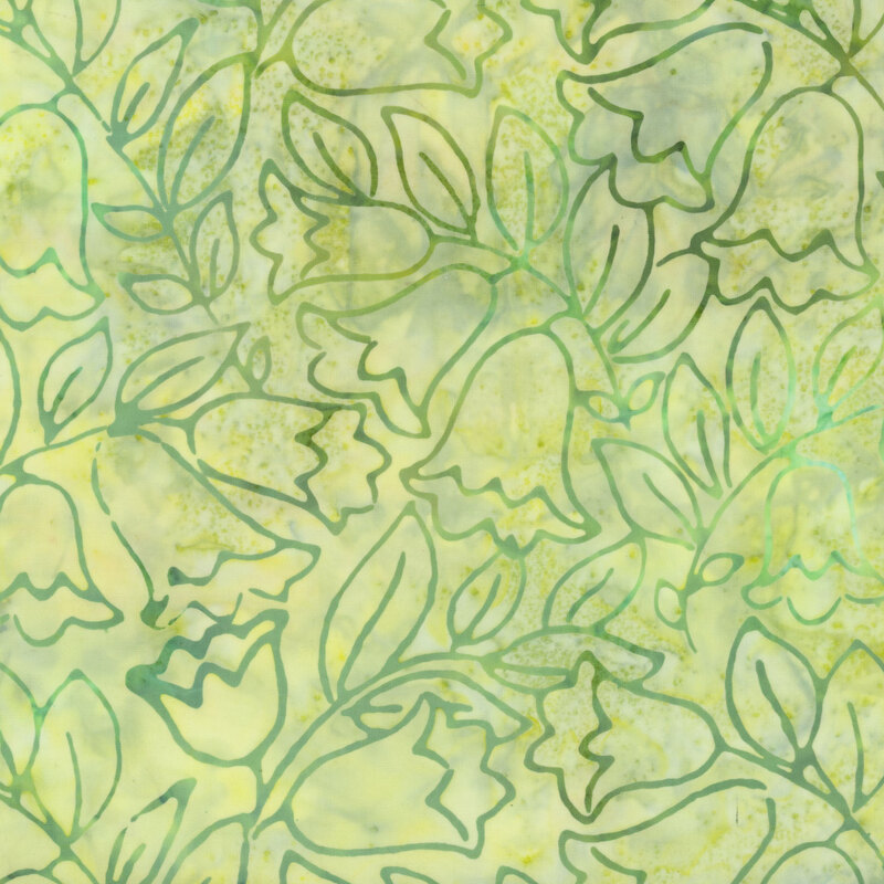 green and yellow mottled batik fabric with large bellflowers