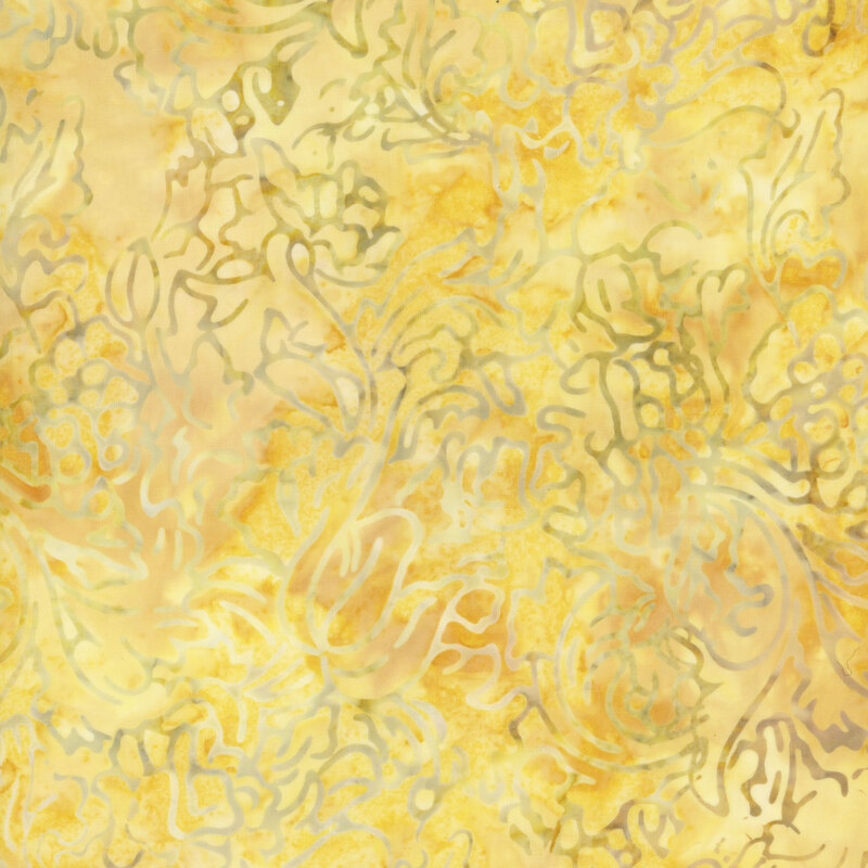 mottled yellow batik fabric with abstract foliage