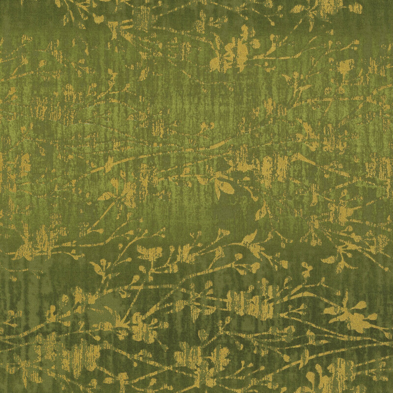 mottled green fabric with metallic gold branches stretching across the fabric and distressed vertical lines running through the print