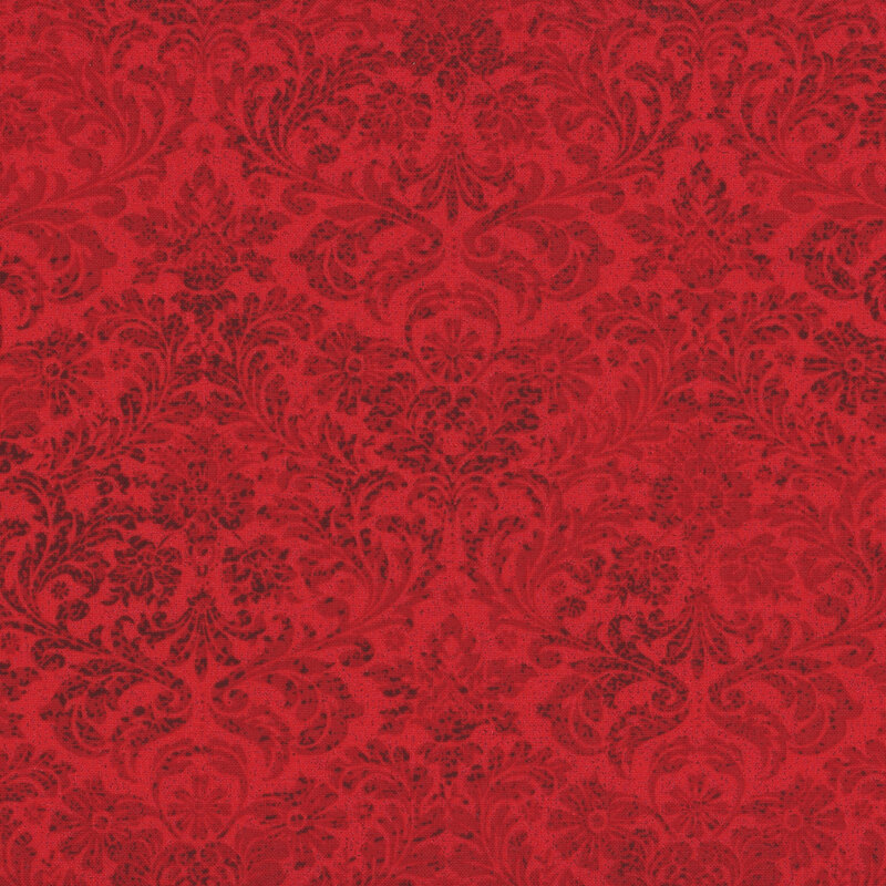 metallic mottled red fabric with intricate damask designs