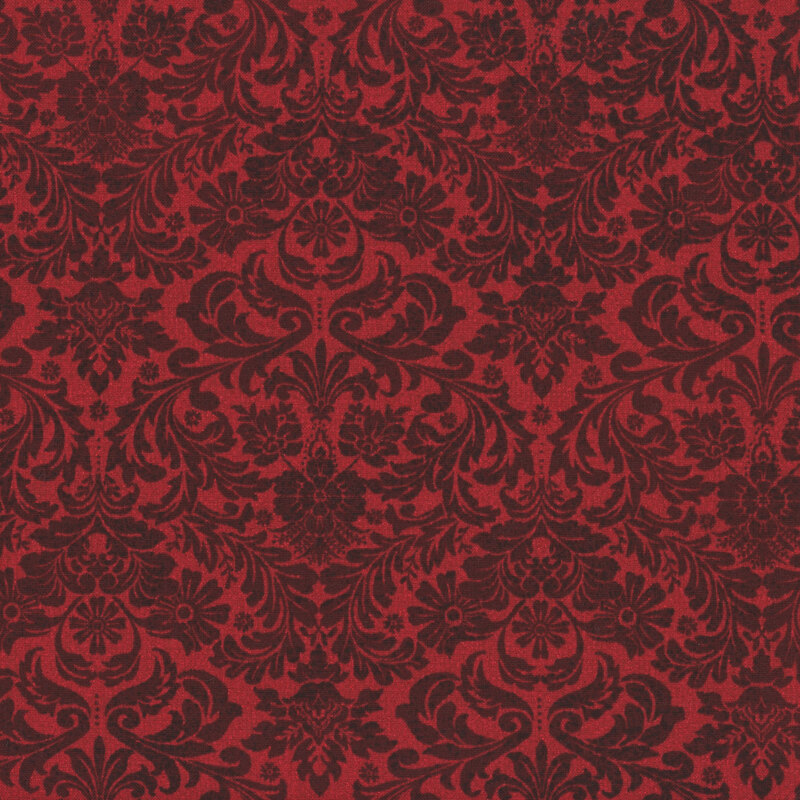 metallic red fabric with intricate dark red damask designs