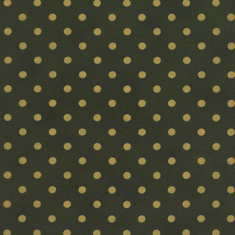 deep green fabric with metallic gold polka dots