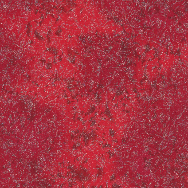 Cranberry red fabric featuring a mottled design with metallic glitter accents.