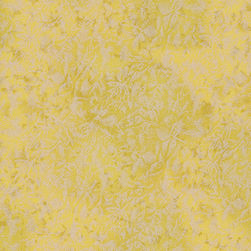 Yellow fabric featuring a mottled design with metallic glitter accents.