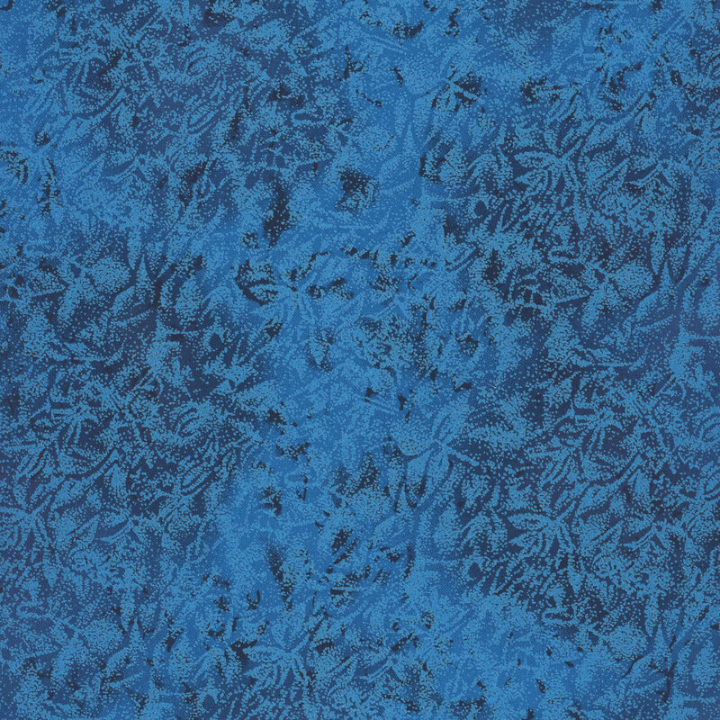 Cerulean blue fabric featuring a mottled design with metallic glitter accents.