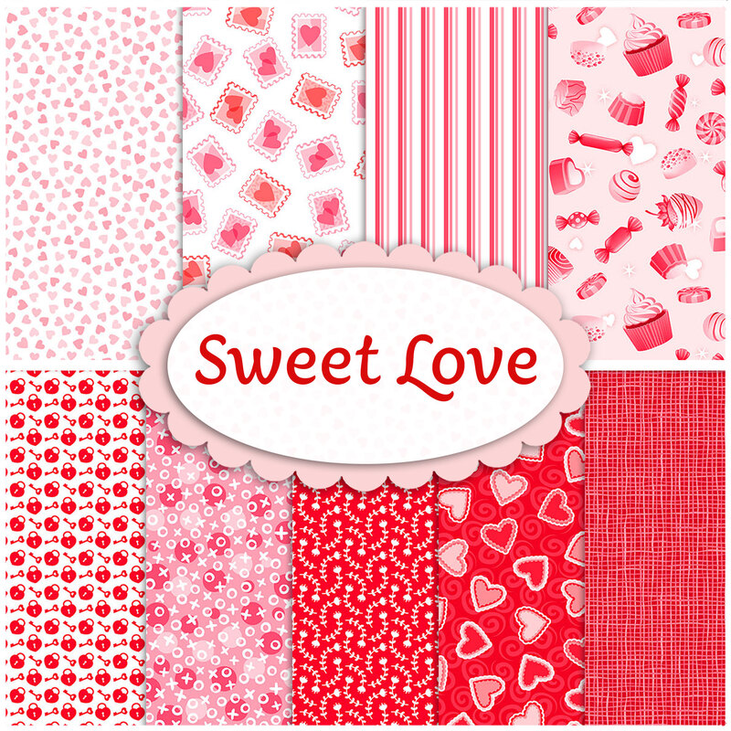 collage of Sweet Love fabrics in shades of red, pink, and white