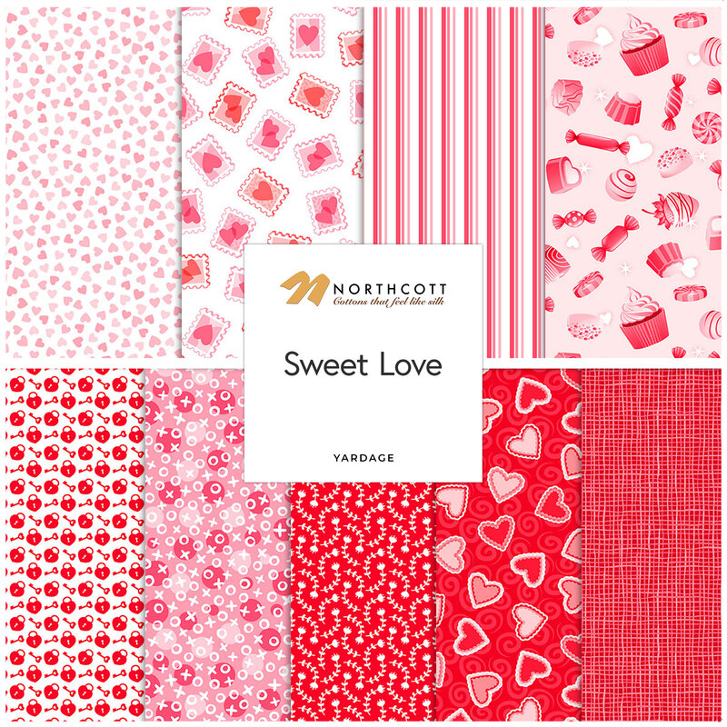 collage of Sweet Love fabrics in shades of red, pink, and white