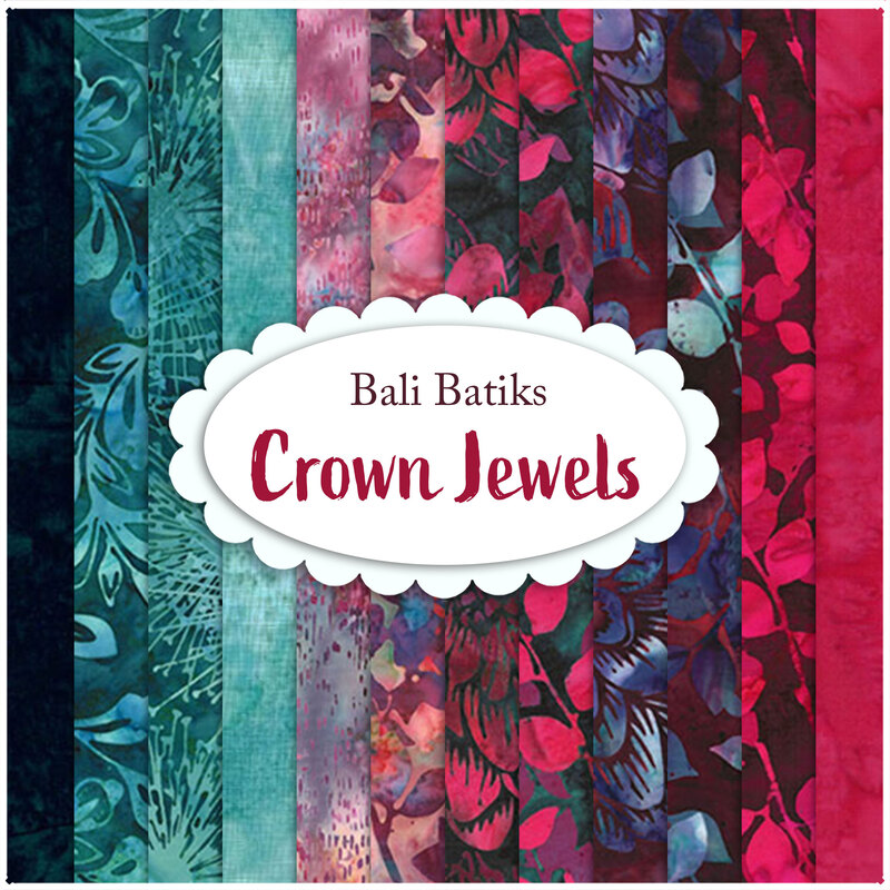 A side by side collage of black, teal, and hot pink batik fabrics with a circular Bali Batiks - Crown Jewels logo
