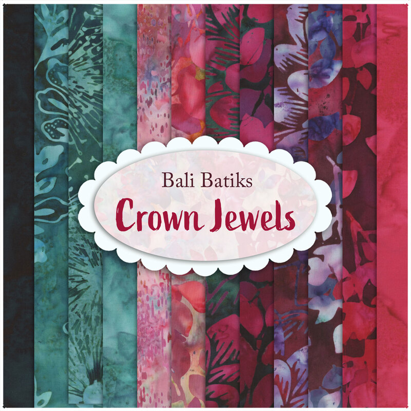 A side by side collage of black, teal, and hot pink batik fabrics with a circular Bali Batiks - Crown Jewels logo.