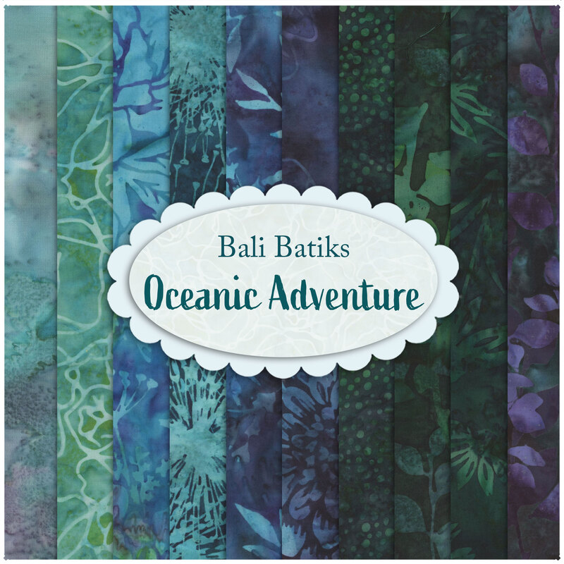 Collage of batik fabrics available in the Oceanic Adventure FQ Set.