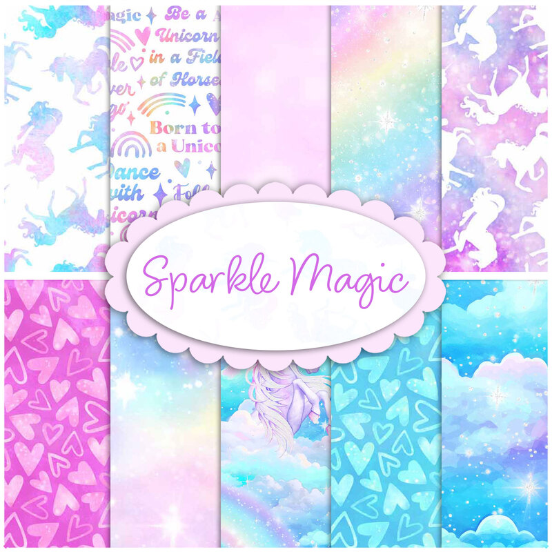 collage of fabrics in Sparkle Magic collection in shades of blue, pink, purple, and white