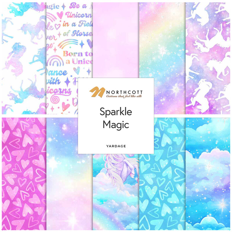 collage of fabrics in Sparkle Magic collection in shades of blue, pink, purple, and white