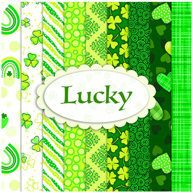 Collage of fabrics in the Lucky FQ Set featuring St. Patrick motifs in white and shades of green