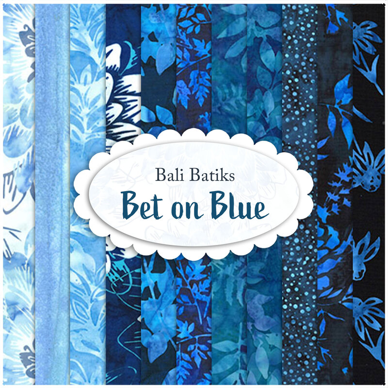 A collage of white and dark blue batik fabrics with a Bali Batiks - Bet On Blue logo in the center