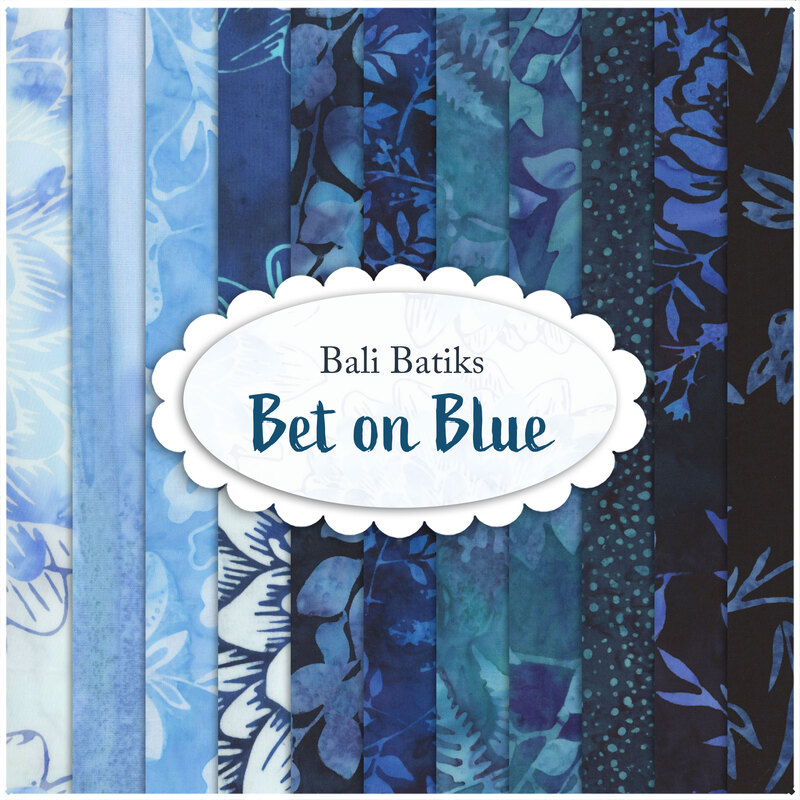 A collage of white and dark blue batik fabrics with a Bali Batiks - Bet On Blue logo in the center.
