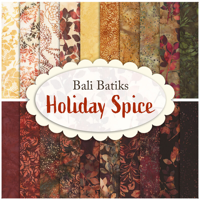 Collage of fabrics available in the Bali Batiks Holiday Spice FQ set.