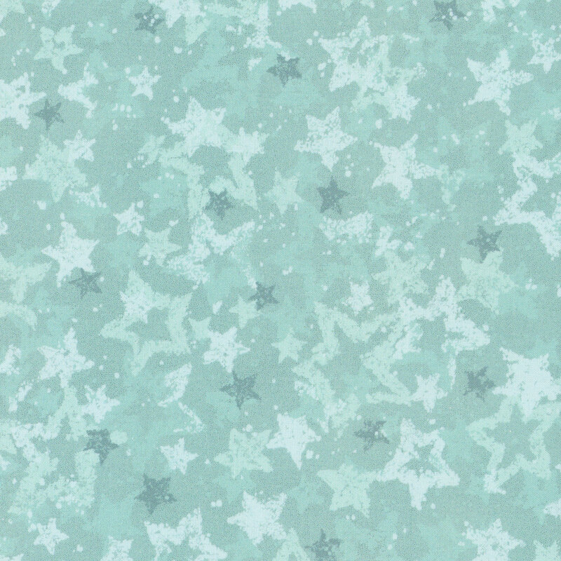 Swatch of light aqua fabric with tossed and layered tonal aqua stars.