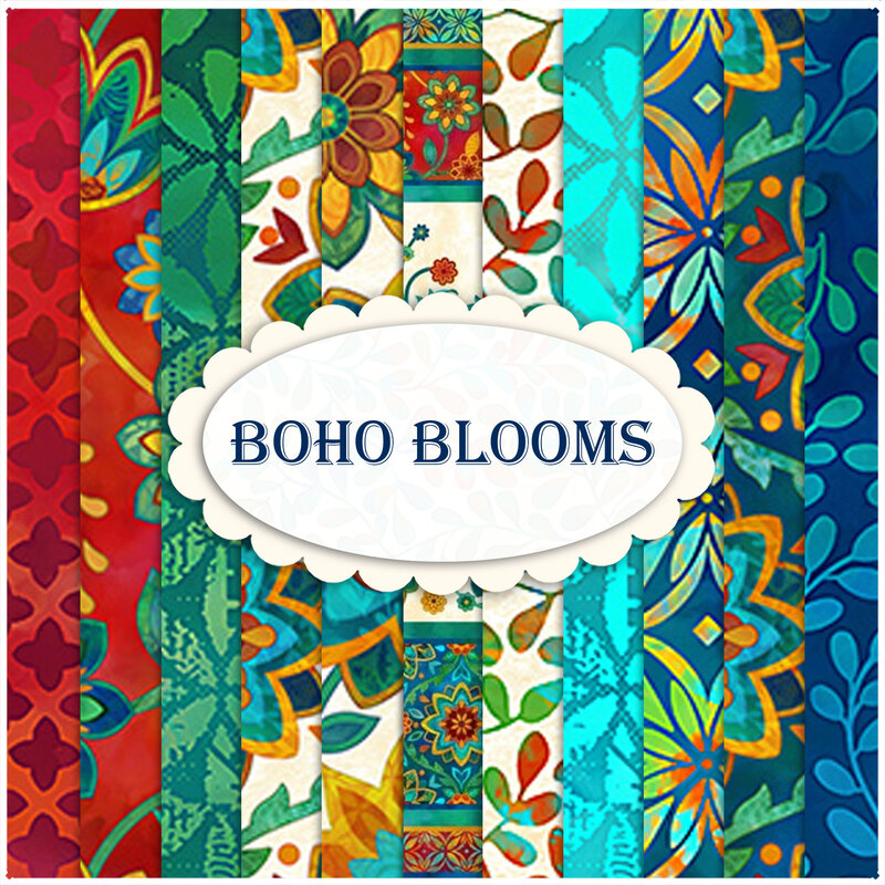 A collage of red, green, cream, and blue bohemian-themed fabrics with a center 
