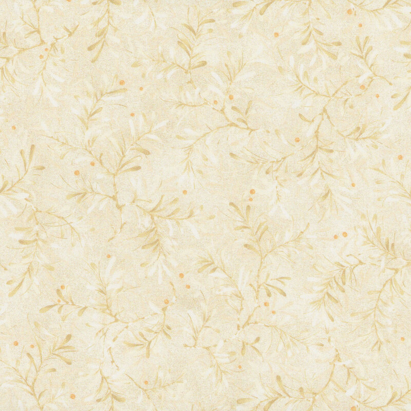 Swatch of cream fabric with a tossed pattern of light tan pine boughs with light orange berries.