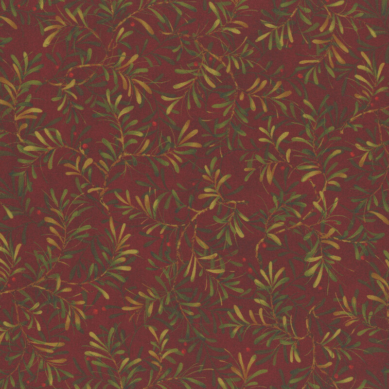 Swatch of burgundy fabric with a tossed pattern of holly green pine boughs with light red berries.