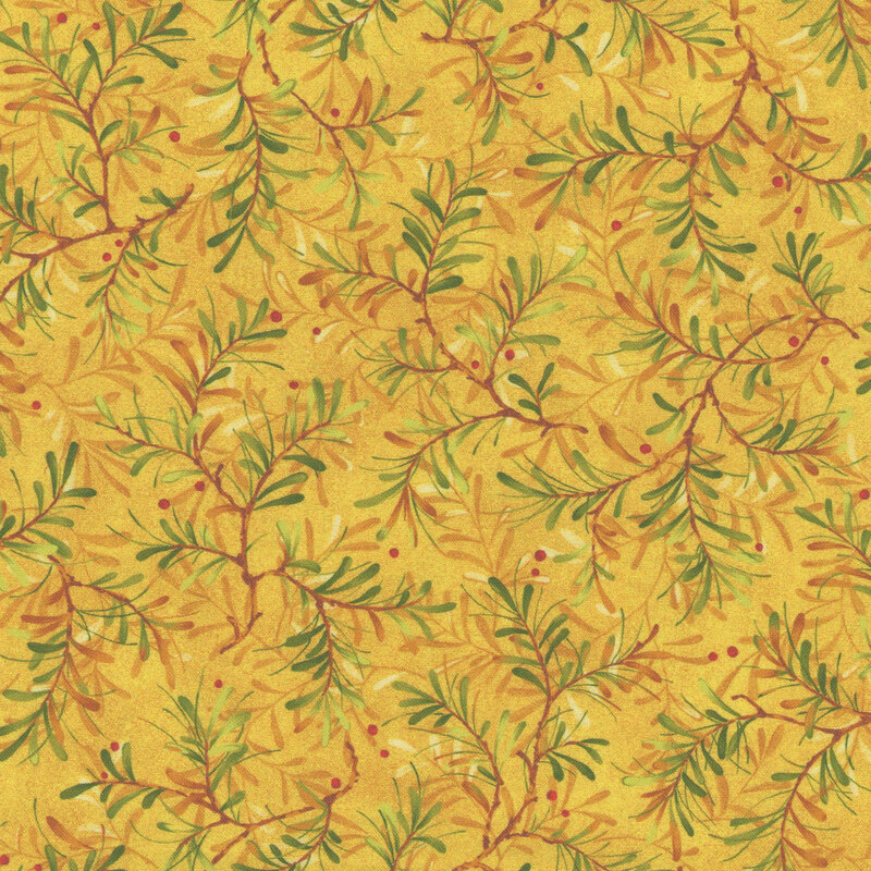 Swatch of a golden yellow fabric with a tossed and layered pattern of holly green pine boughs with red berries.