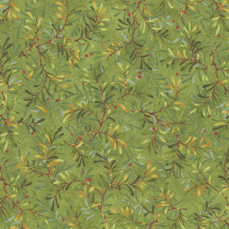 Swatch of a leaf green fabric with a tossed and layered pattern of sandy brown pine boughs with red berries.