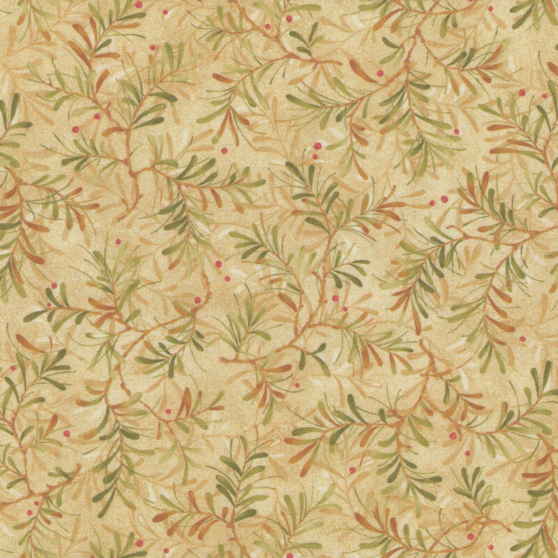 Swatch of a sandy tan fabric with a tossed and layered pattern of green and brown pine boughs with red berries.