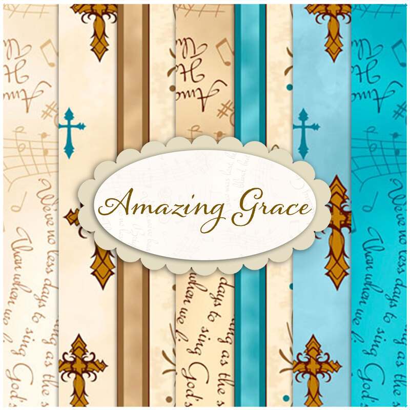 collage of Amazing Grace fabrics in shades of cream, brown, and blue/aqua