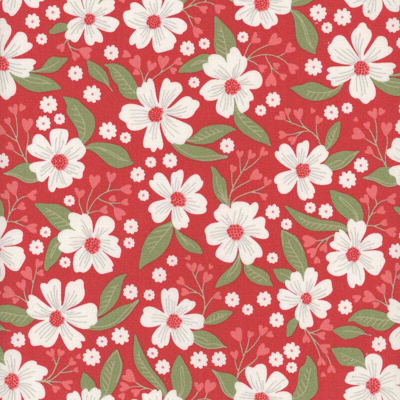 red fabric featuring large white flowers and blooming hearts