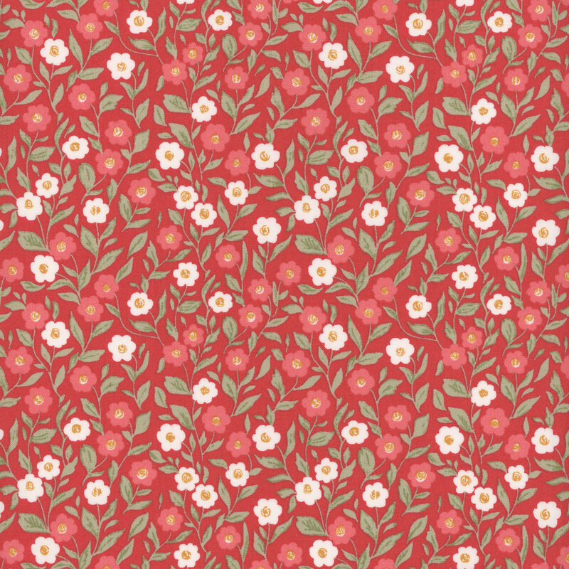 red fabric with blossoming white and pink florals