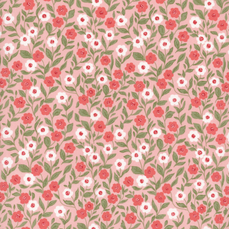 light pink fabric with blossoming white and dark pink florals