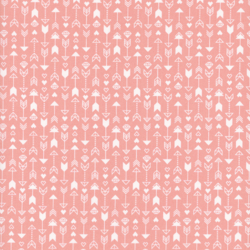 light pink fabric featuring a pattern of arrows, hearts and diamonds