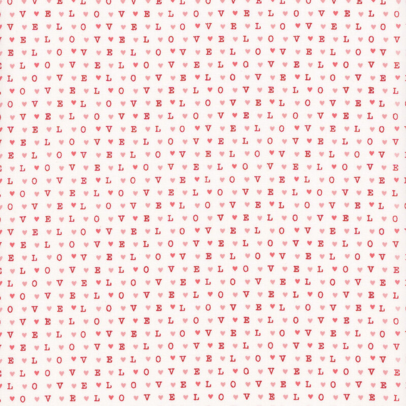 white fabric with a repeated pattern of the word love and hearts