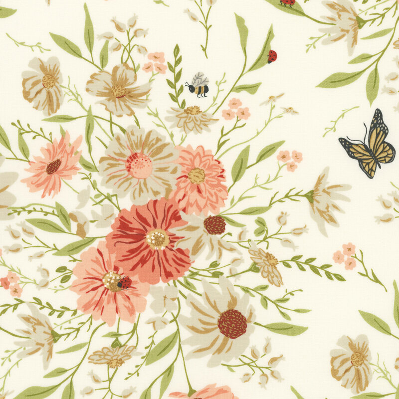 Cream fabric with a floral and farm bug pattern