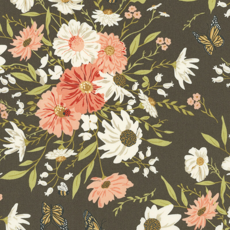 Black fabric with a floral and farm bug pattern