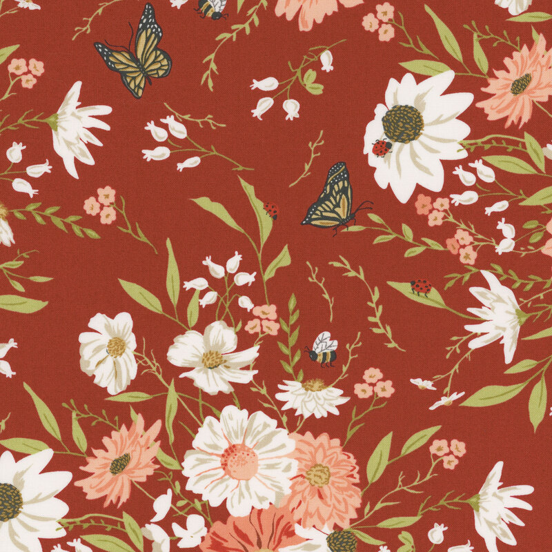 Red fabric with a floral and bug pattern